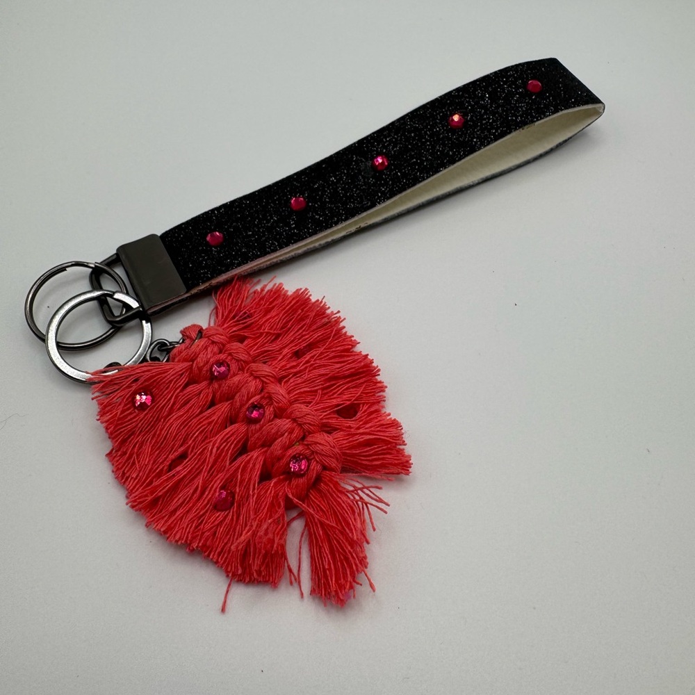 Black Wristlet with Red Leaf Tassel Keychain